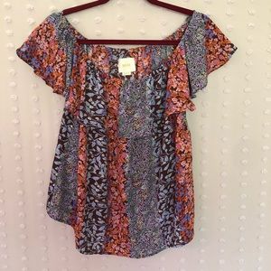 Anthropologie Maeve Floral Ruffled Shoulder Blouse
